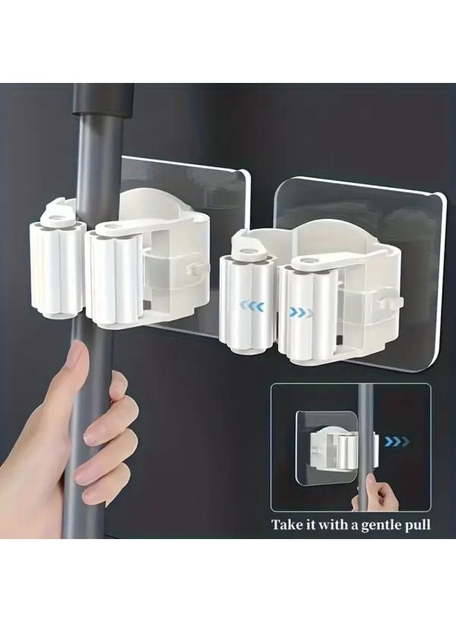 White Heavy Duty Wall Mounted Mop Broom Holder No Drilling Adhesive Space Saving - Image 1